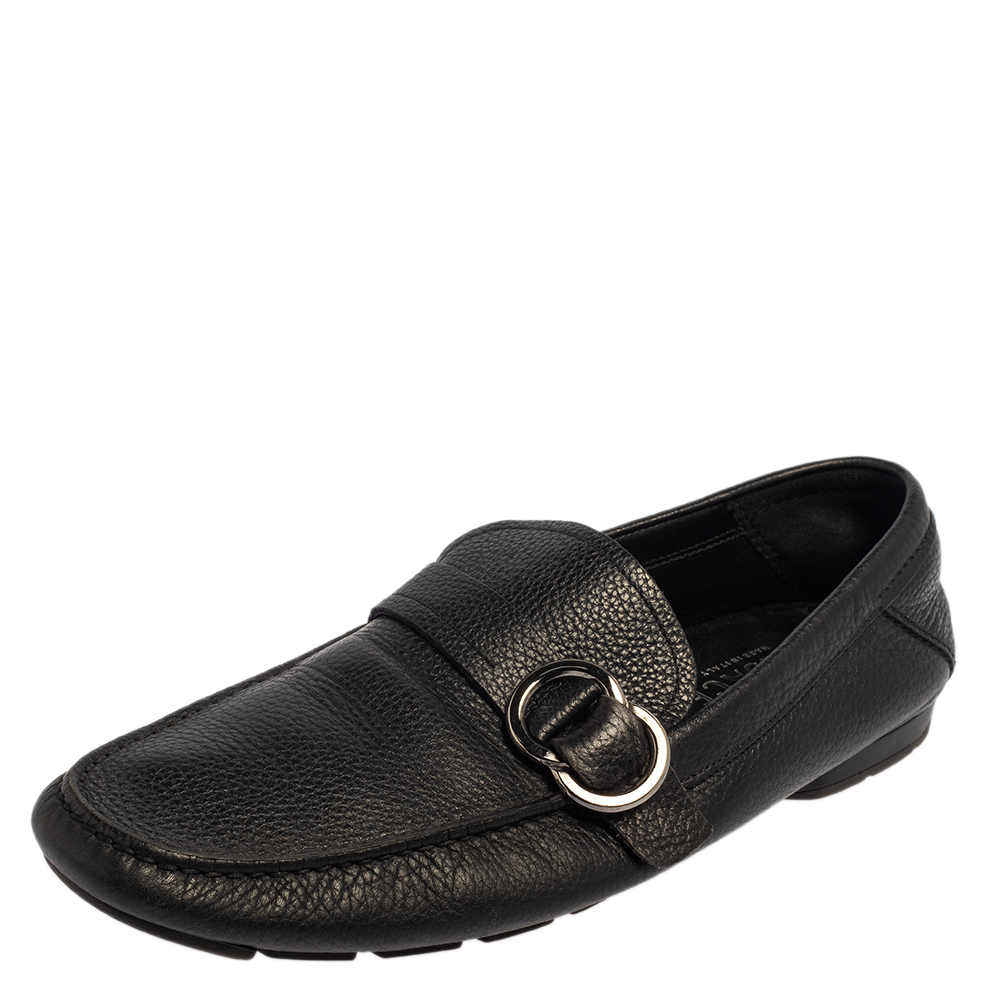 luxury-men-versace-used-shoes-p457346-004 Versace Black Leather Slip On Loafers Size 43.5