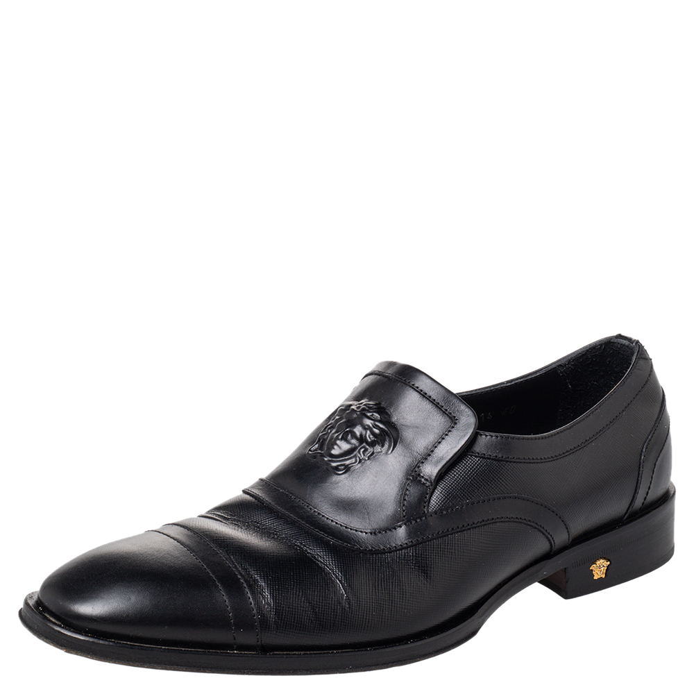 Versace Black Leather Medusa Embellished Slip On Oxford Size 40