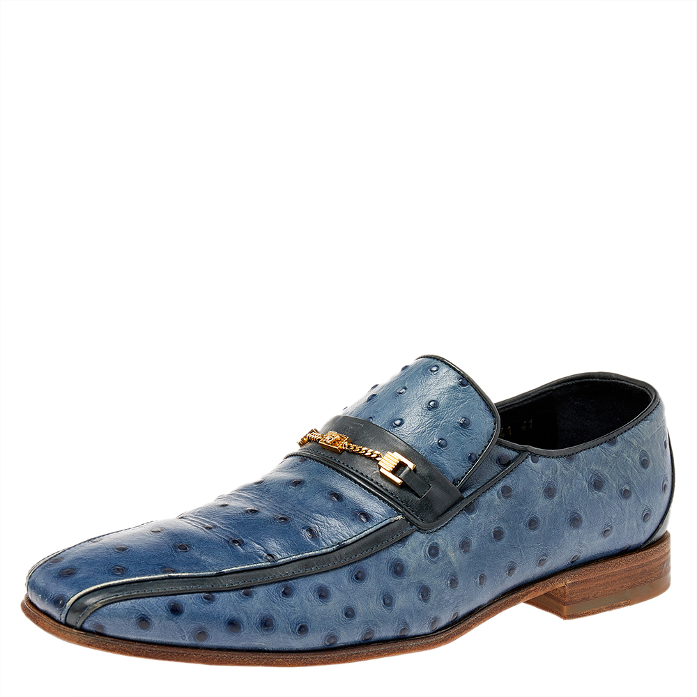 luxury-men-versace-used-shoes-p492097-006 Versace Blue Ostrich Leather Medusa Chain Detail Loafers Size 41