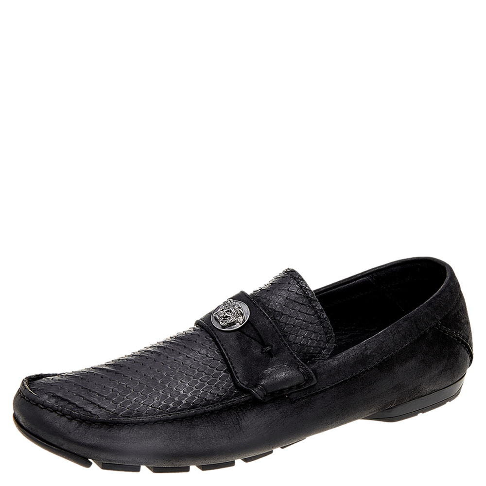 luxury-men-versace-used-shoes-p515012-007-2 Versace Black Nubuck Leather and Python Medusa Loafers Size 41
