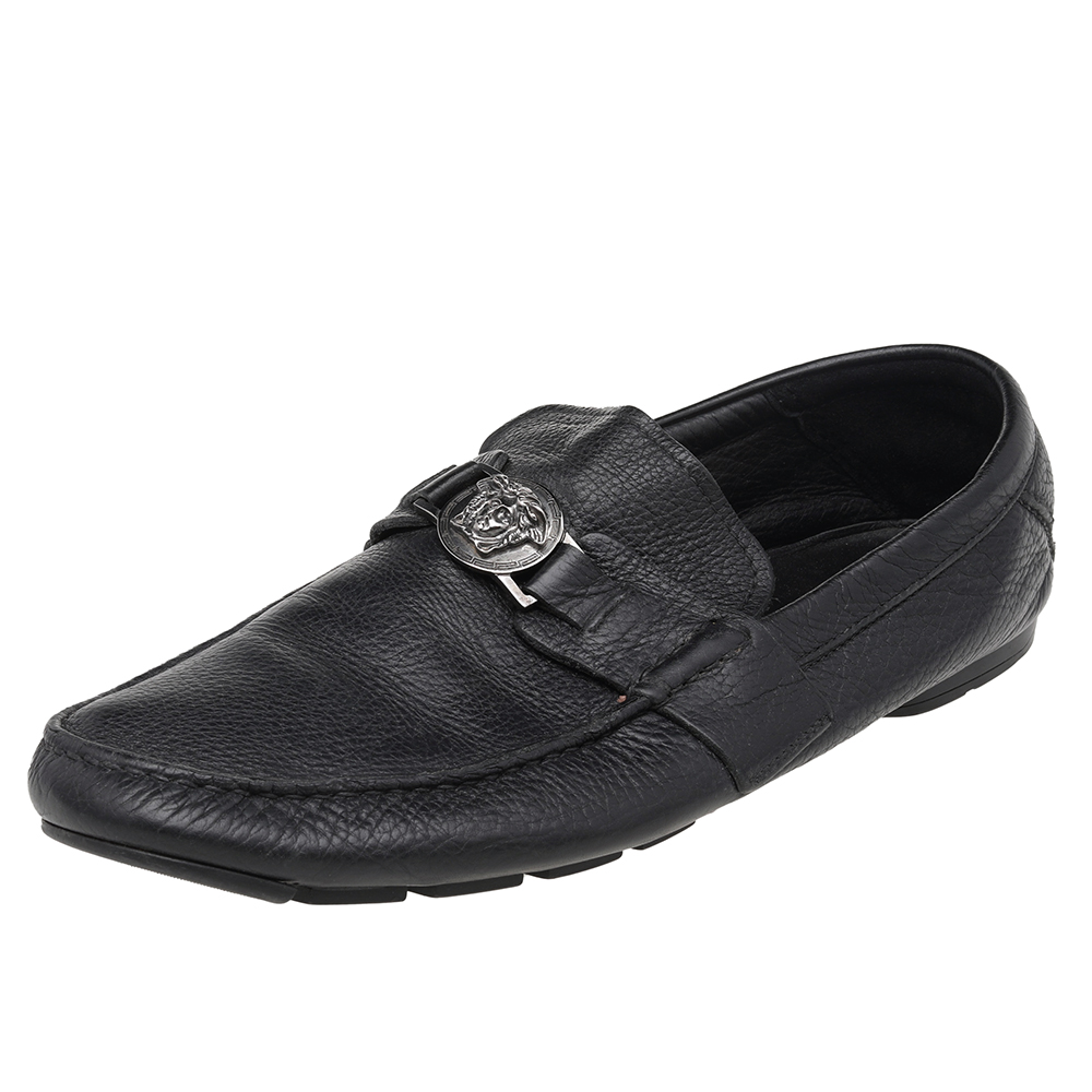 luxury-men-versace-used-shoes-p521174-007-2 Versace Black Leather Medusa Slip On Loafers Size 44