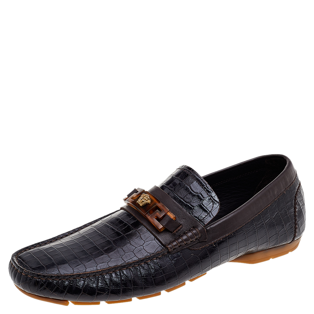 luxury-men-versace-used-shoes-p541661-003-2 Versace Black/Brown Crocodile Leather Medusa Slip On Loafers Size 45