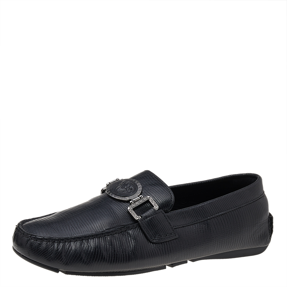luxury-men-versace-used-shoes-p541671-006-2 Versace Black Lizard Leather Medusa Slip On Loafers Size 41