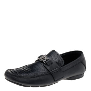 Versace Black Ostrich Leather Medusa Slip On Loafers Size 41
