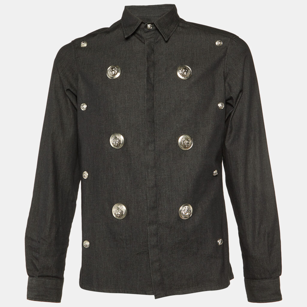 Versus Versace Black Cotton Logo Button Embellished Shirt M