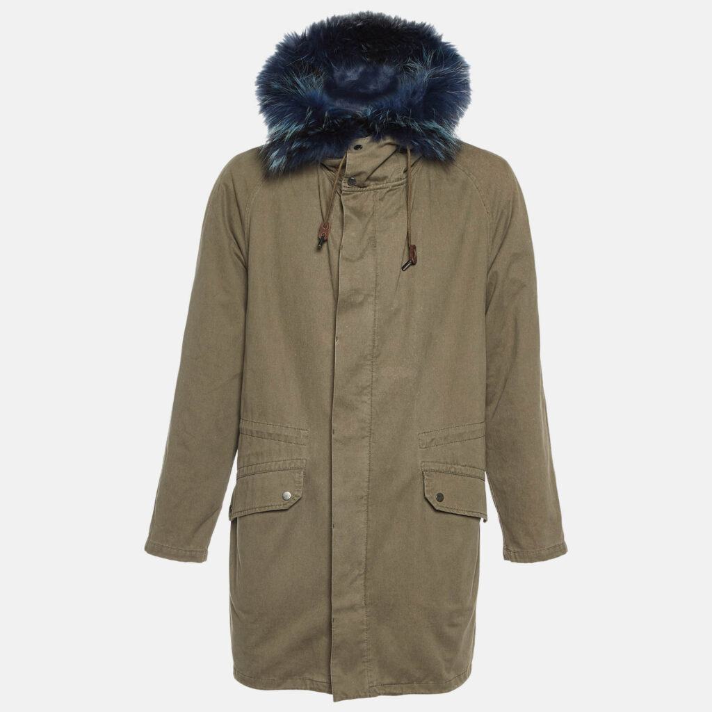 luxury-men-yves-salomon-used-clothes-p1114568-001 Yves Salomon X Harrods Green/Blue Fur and Gabardine Long Hooded Jacket M