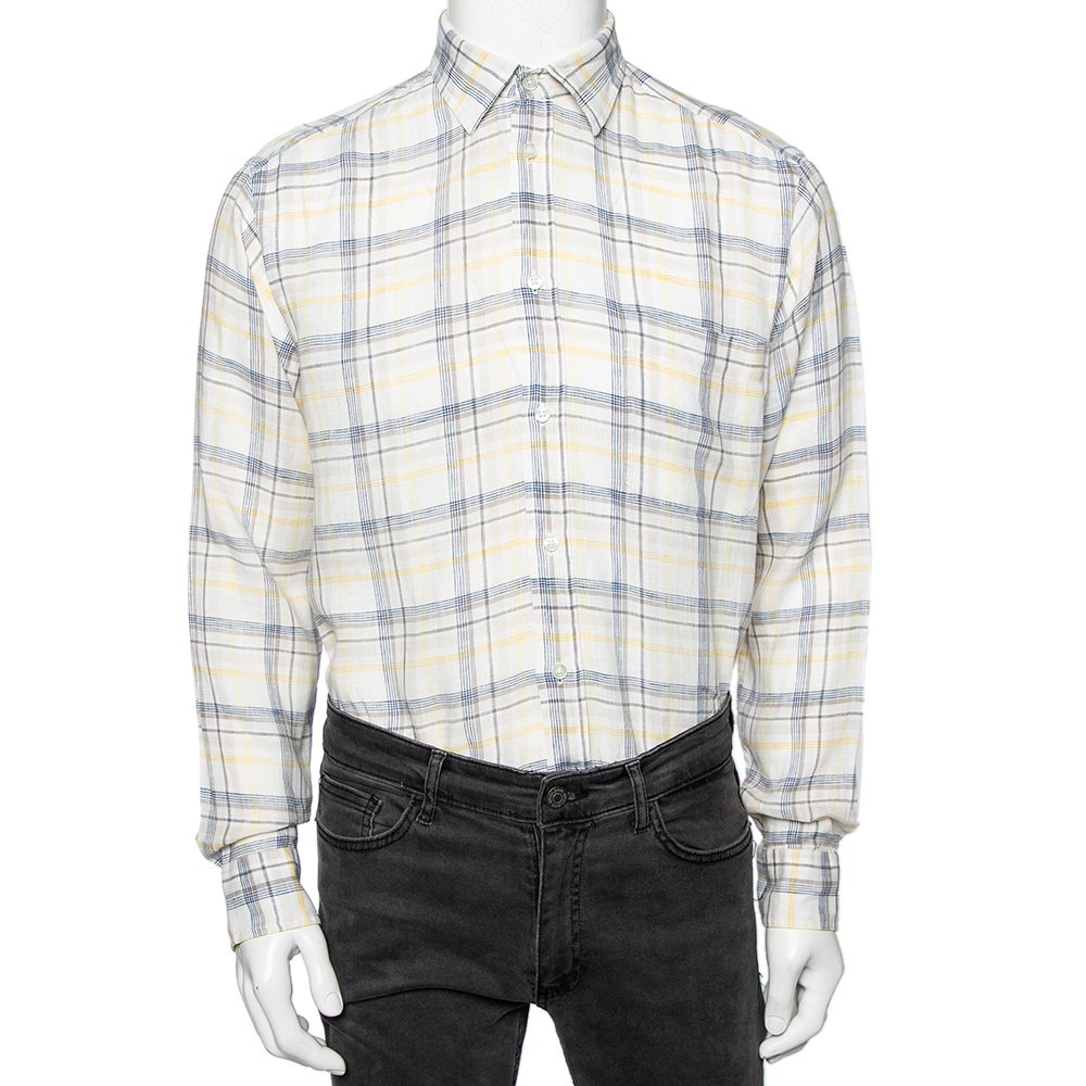 luxury-men-zegna-sport-used-clothes-p558422-003-2 Zegna Sport Off-White Checked Linen Button Front Shirt M