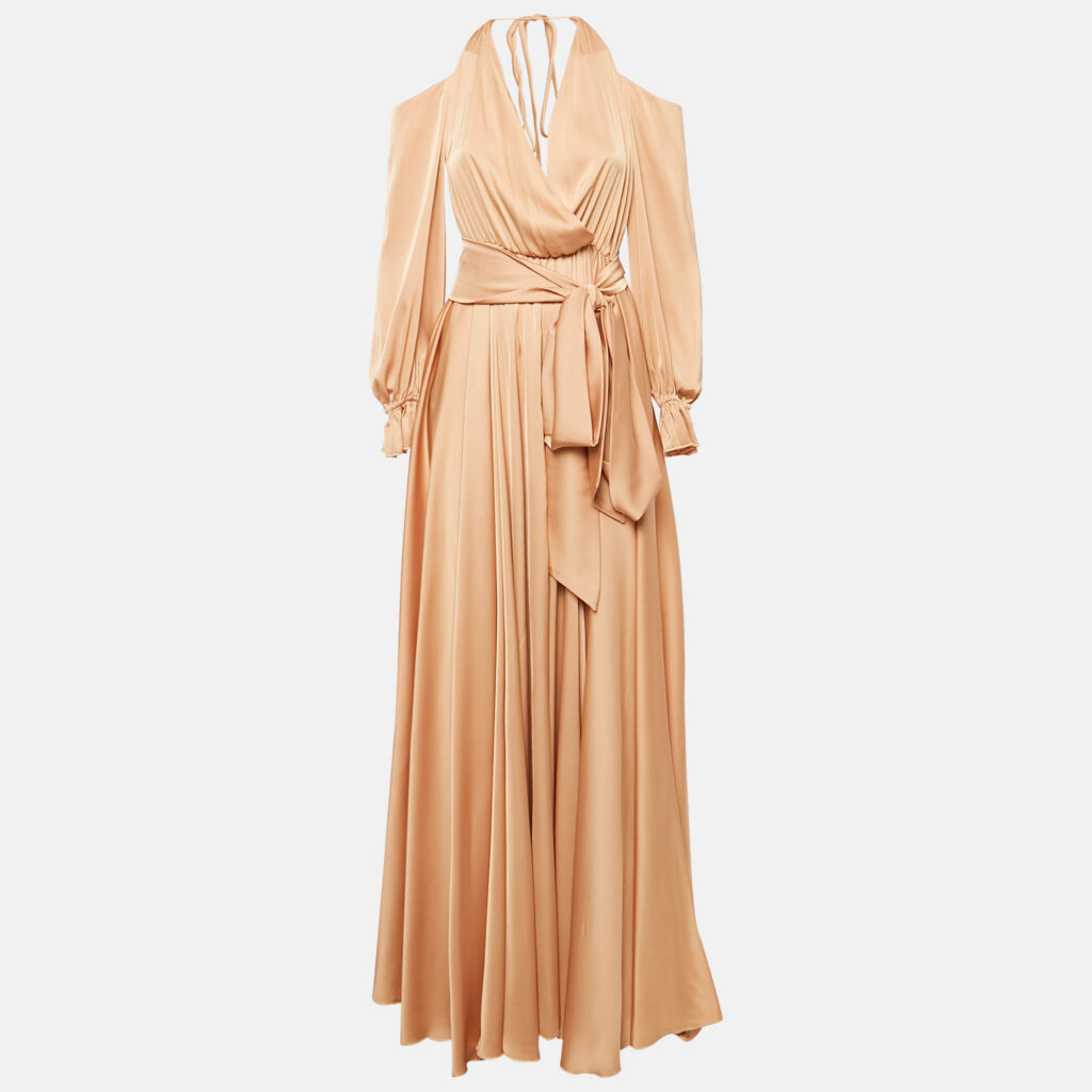 Maison d'Angelann Gold Beige Silk Satin Draped Off-Shoulder Long Dress M