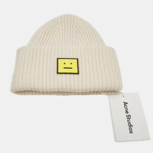 Acne Studio Ivory Rib Knit Evil Face Logo Beanie One Size