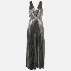 Aidan Mattox Silver Plisse Sleeveless Maxi Dress M