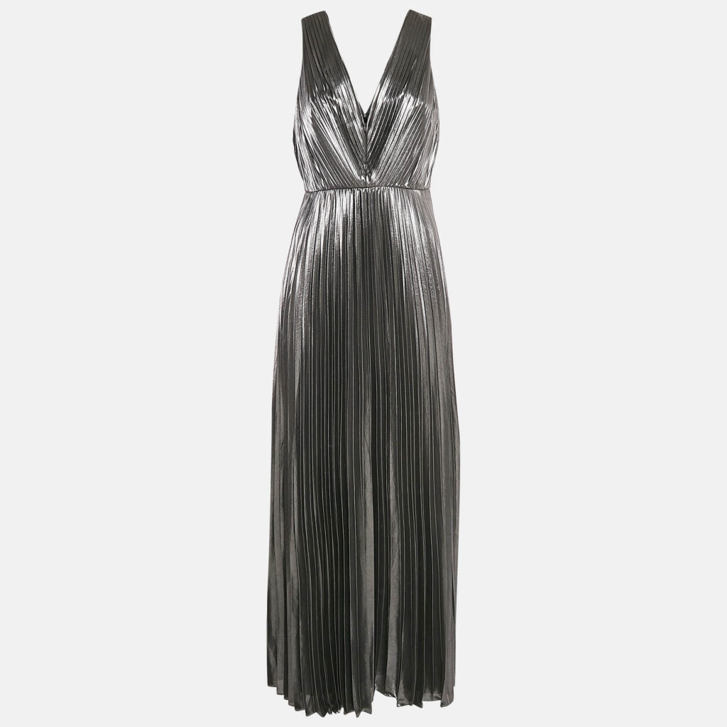 Aidan Mattox Silver Plisse Sleeveless Maxi Dress M