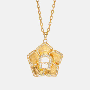 Aigner Gold Tone Crystal Logo Flower Pendant Necklace