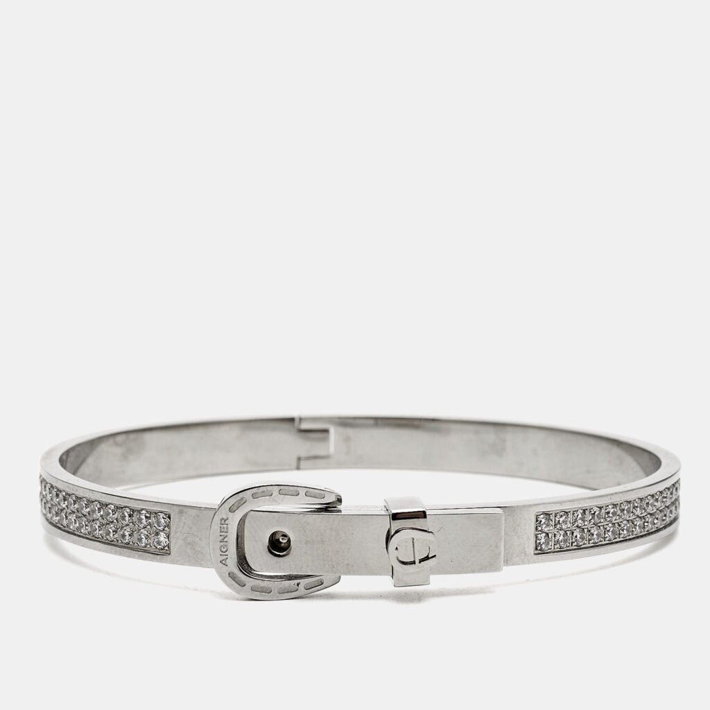 luxury-women-aigner-used-accessories-p1150856-004 Aigner Logo Crystals Silver Tone Bracelet