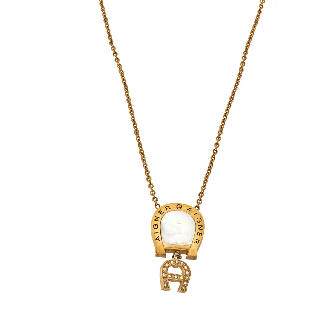 luxury-women-aigner-used-accessories-p392351-009 Aigner Gold Tone Mother of Pearl Crystal Logo Pendant Necklace