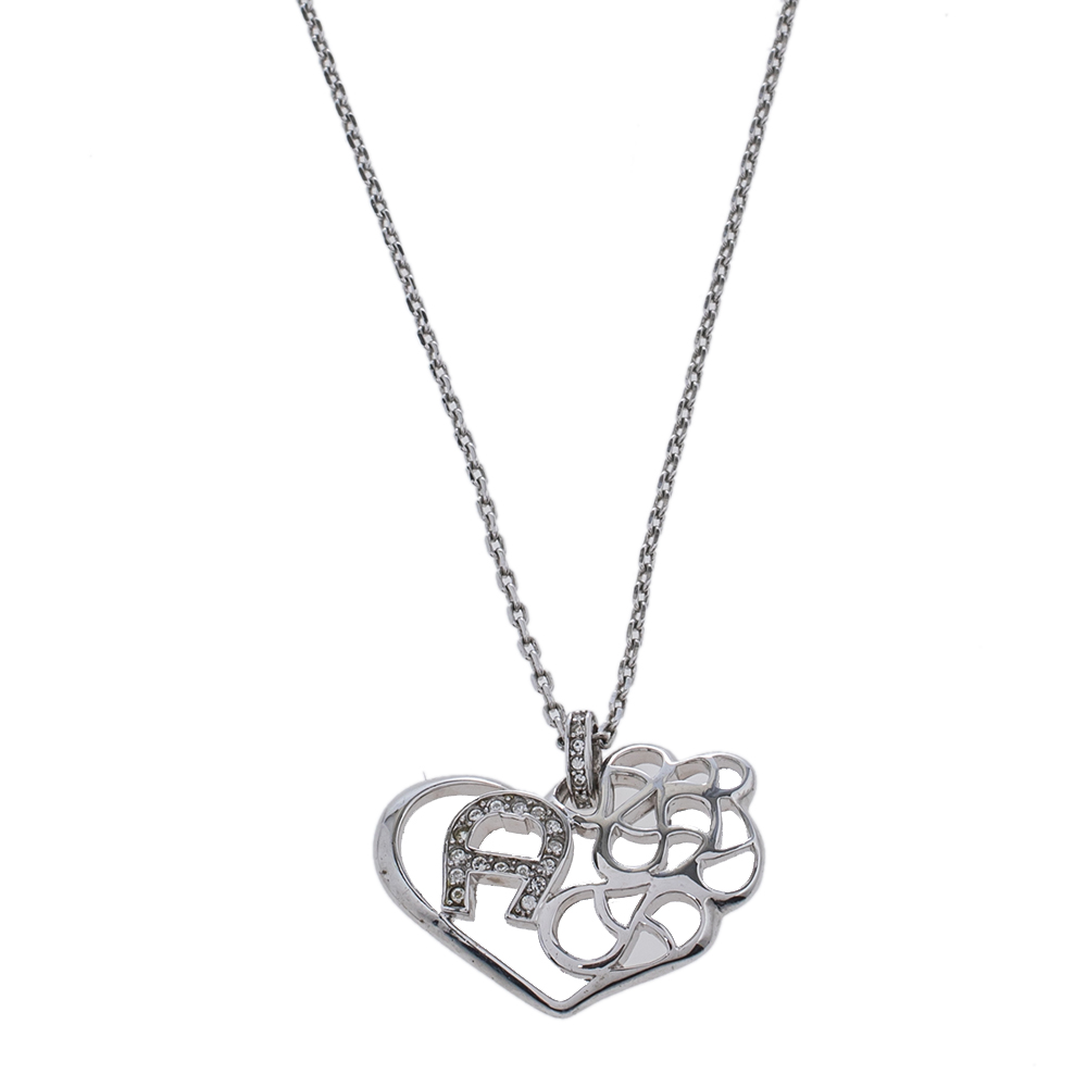 luxury-women-aigner-used-accessories-p438916-001 Aigner Silver Tone Crystal Logo Heart Pendant Necklace