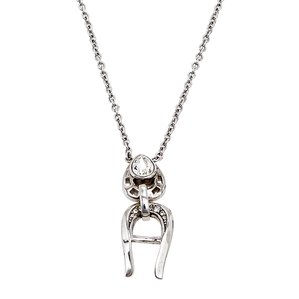 luxury-women-aigner-used-accessories-p566015-006-2 Aigner Silver Tone Crystal Logo Drop Pendant Necklace