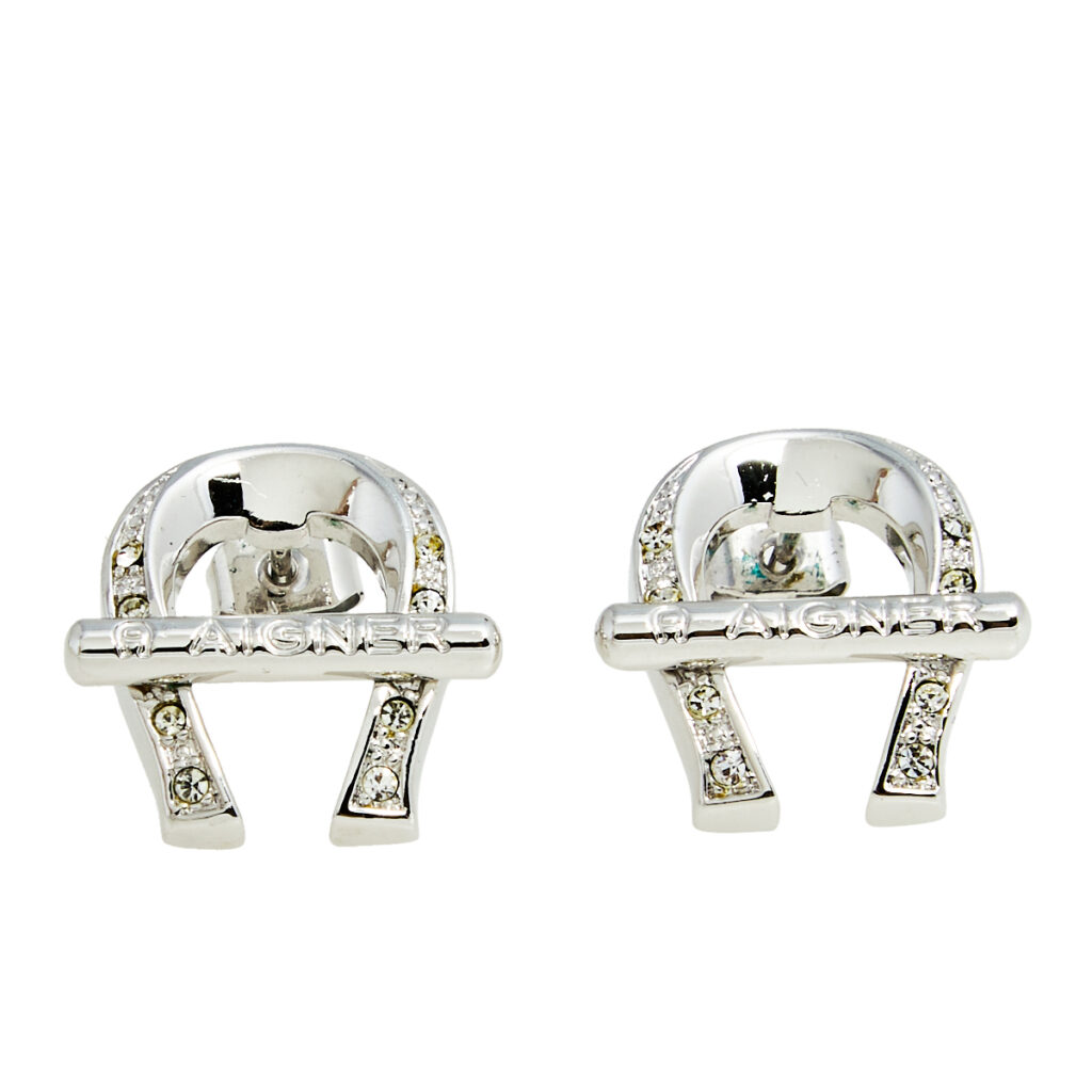 luxury-women-aigner-used-accessories-p597368-005-2 Aigner Silver Tone Crystal Logo Stud Earrings
