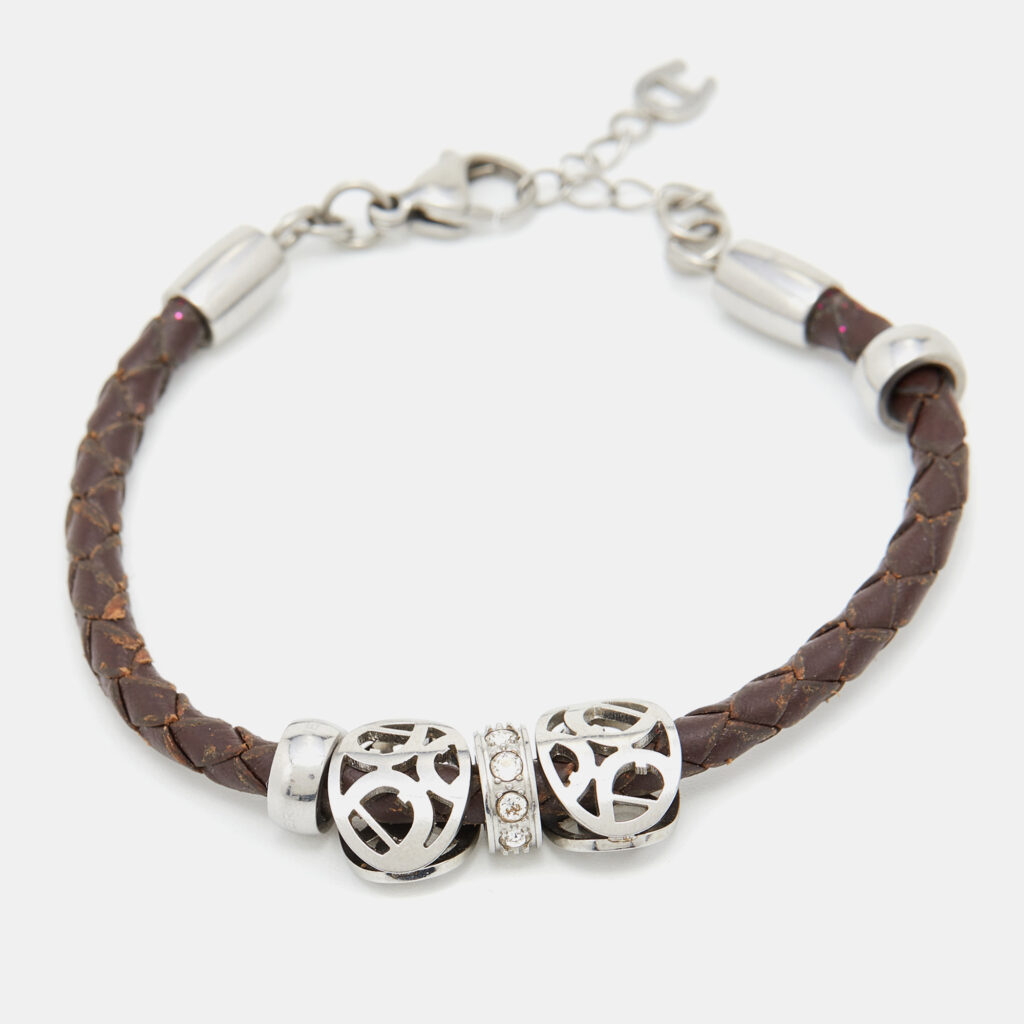 luxury-women-aigner-used-accessories-p704322-005 Aigner Crystal Logo Charm Brown Braided Leather Bracelet