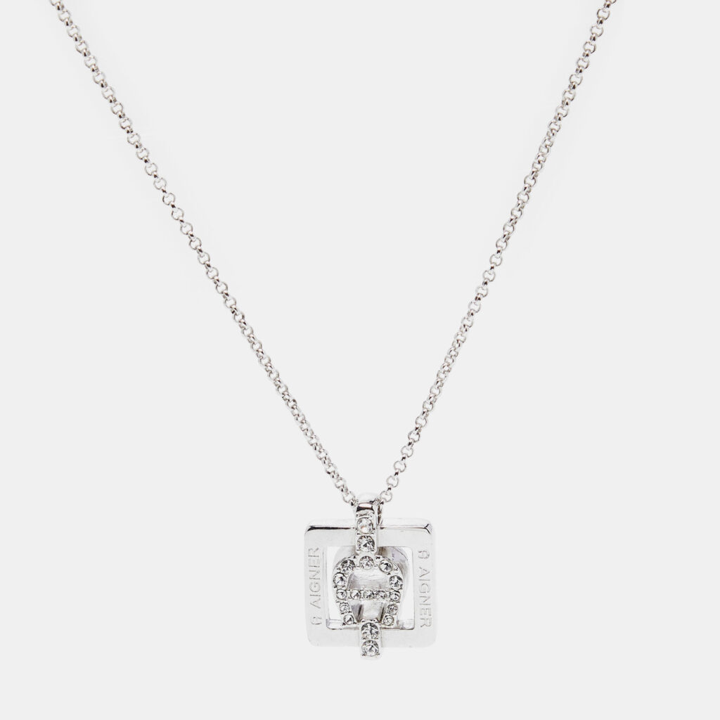 luxury-women-aigner-used-accessories-p736168-004 Aigner Silver Tone Square Crystal Logo Pendant Necklace