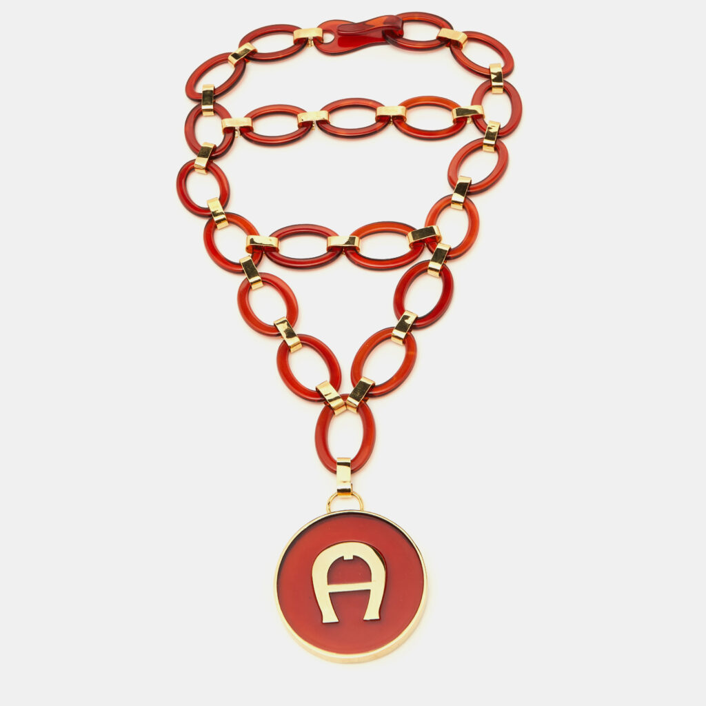 luxury-women-aigner-used-accessories-p869508-004 Aigner Burgundy Resin & Gold Tone Link Layered Necklace
