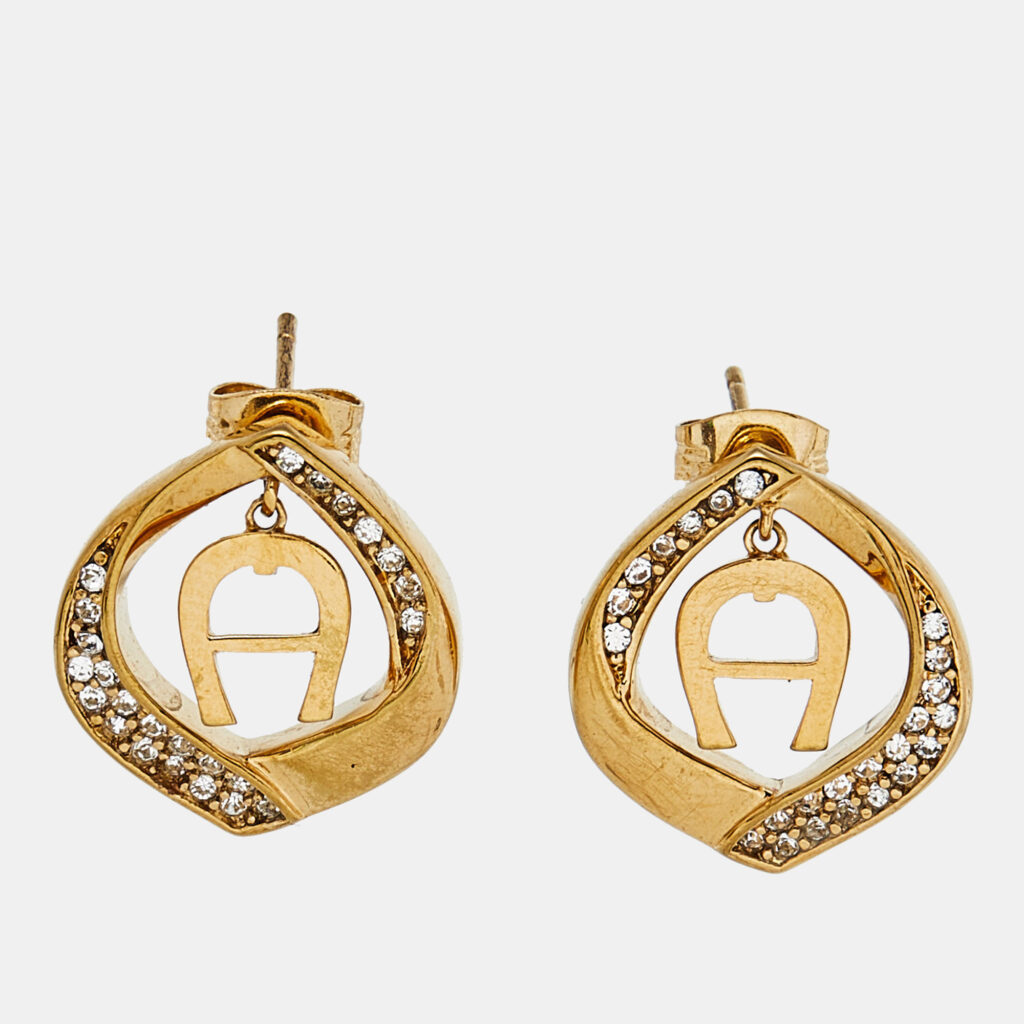 luxury-women-aigner-used-accessories-p873004-001 Aigner Gold Tone Logo Crystal Detail Stud Earrings