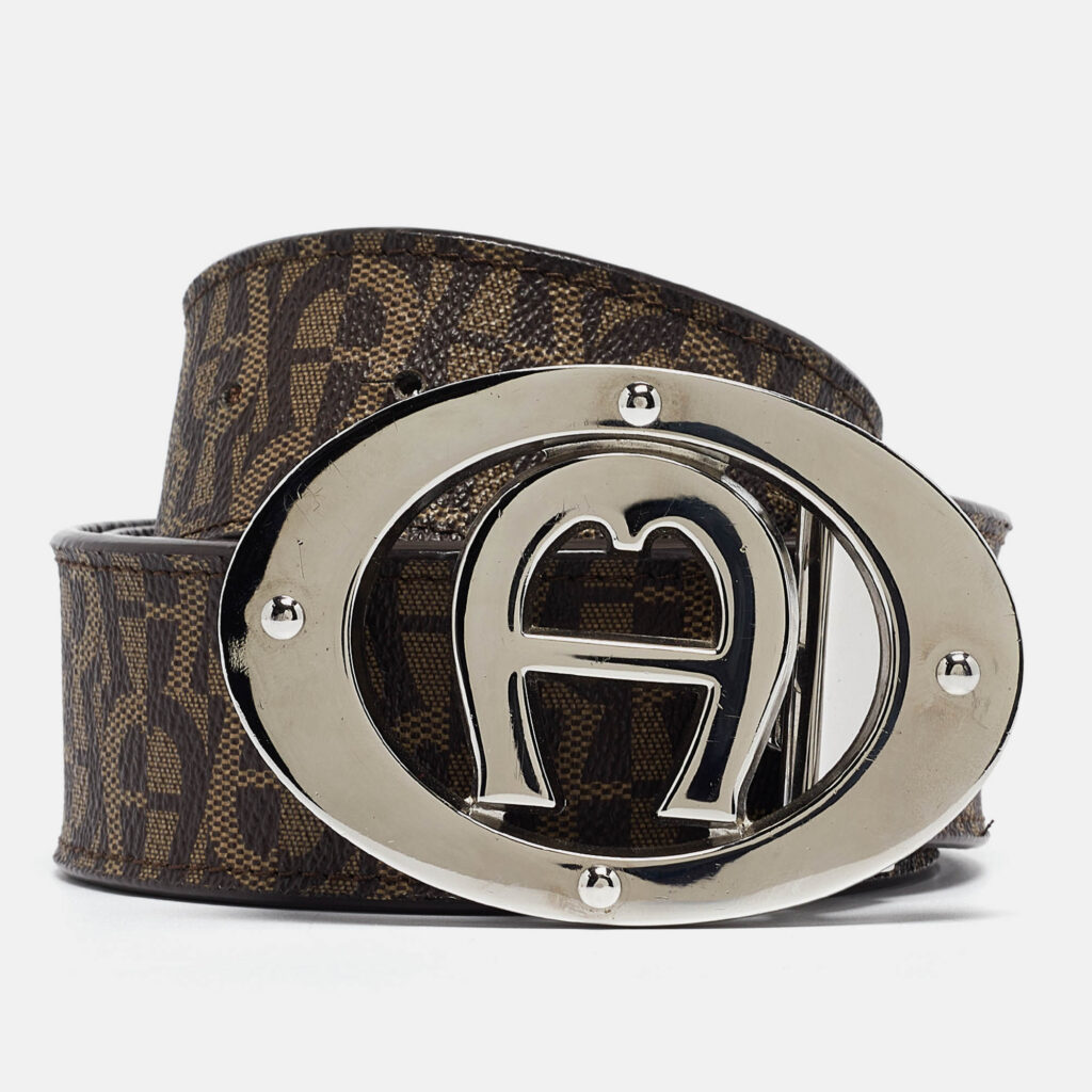 luxury-women-aigner-used-accessories-p973153-001 Aigner Dark Brown Monogram Coated Canvas and Leather Logo Belt