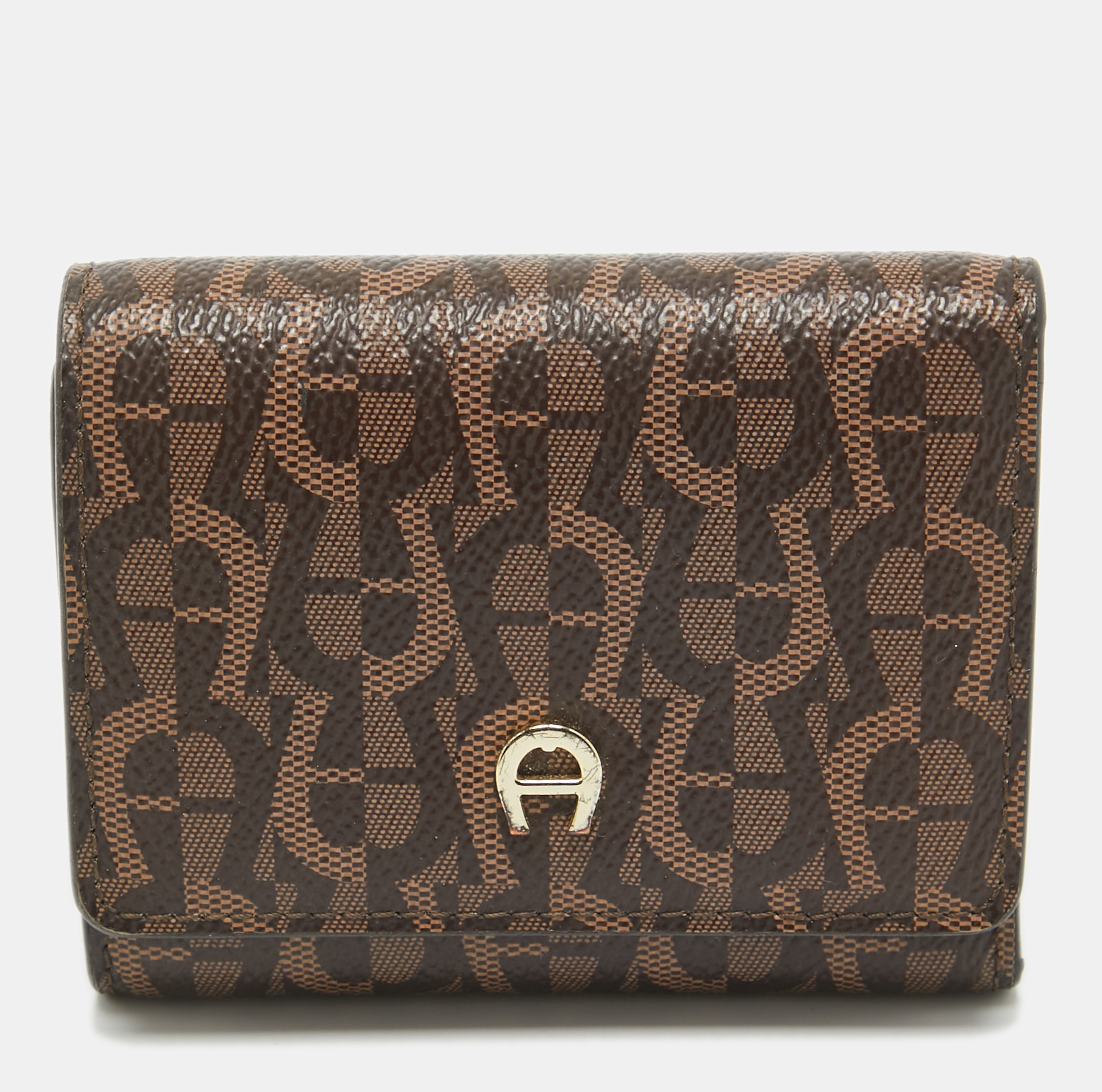 luxury-women-aigner-used-handbags-p1027752-001 Aigner Dark Brown Monogram Coated Canvas Logo Trifold Wallet