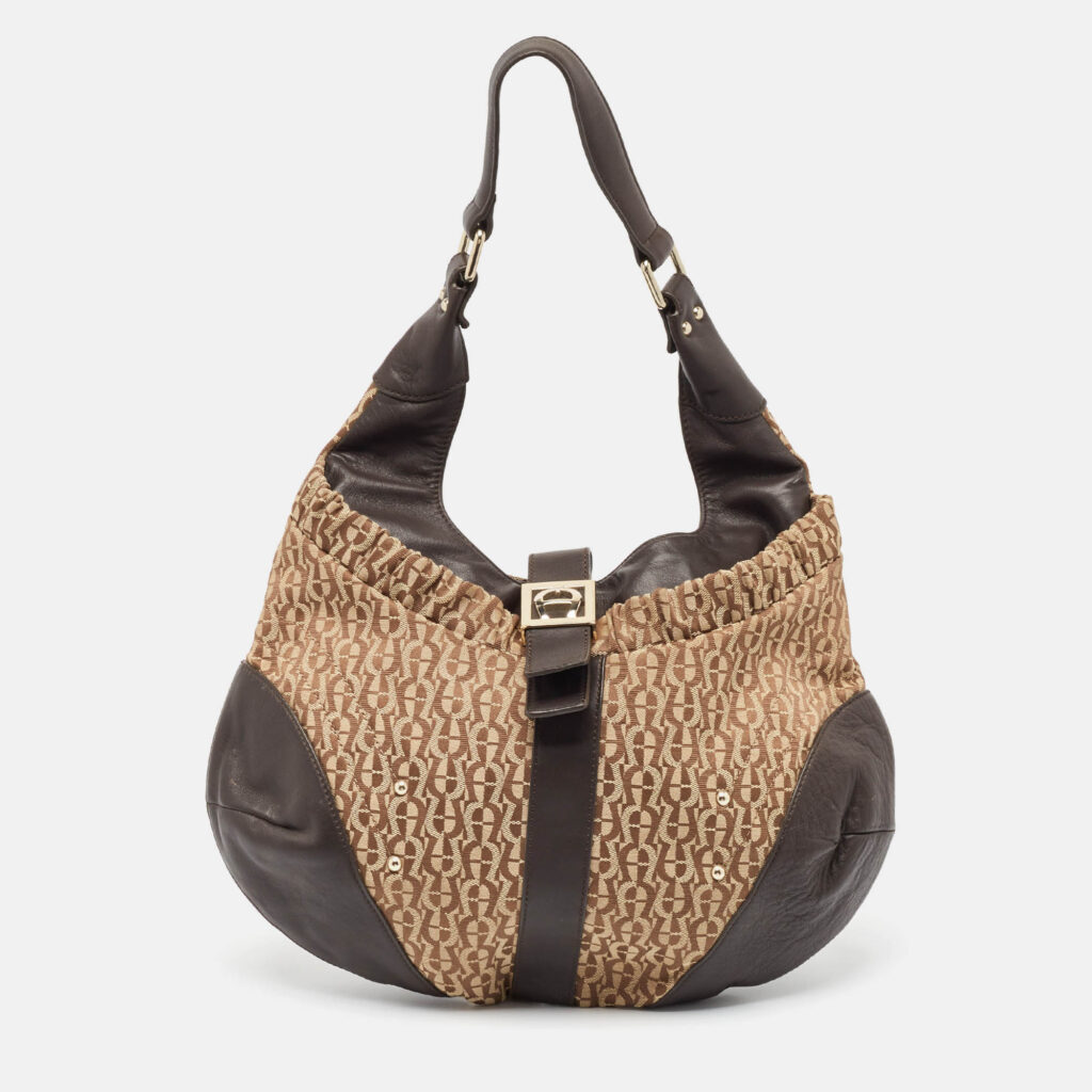 luxury-women-aigner-used-handbags-p1028856-015 Aigner Brown/Beige Monogram Canvas and Leather Logo Flap Hobo