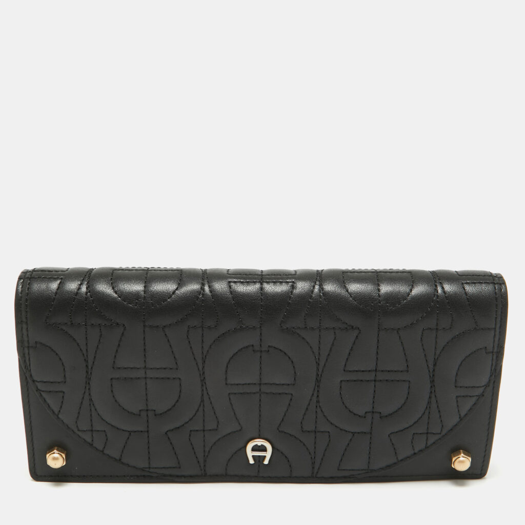 luxury-women-aigner-used-handbags-p1082758-001 Aigner Black Logo Quilted Leather Continental Wallet