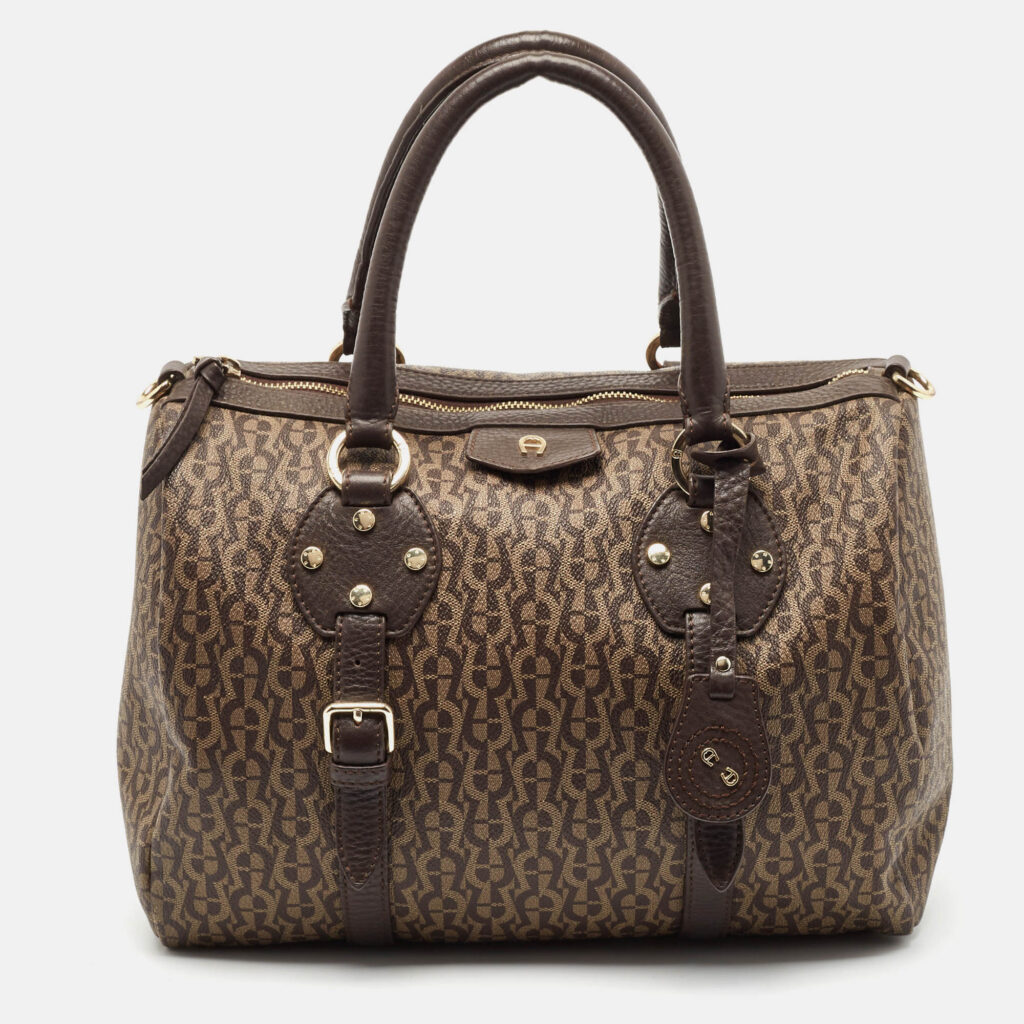 luxury-women-aigner-used-handbags-p1093787-009 Aigner Brown/Beige Signature Coated Canvas and Leather Boston Bag