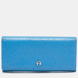 Aigner Blue Ostrich Embossed Leather Logo Continental Wallet