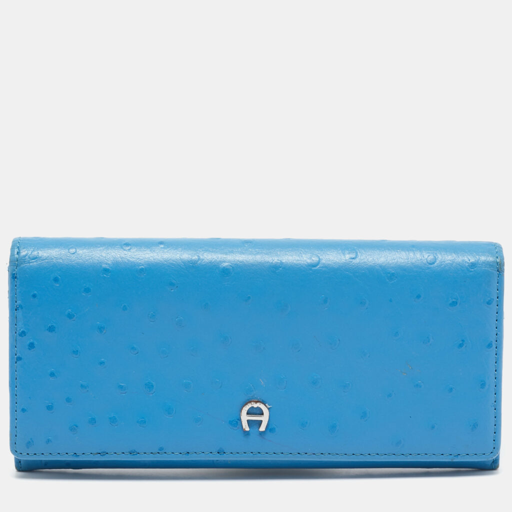 luxury-women-aigner-used-handbags-p1100194-011 Aigner Blue Ostrich Embossed Leather Logo Continental Wallet