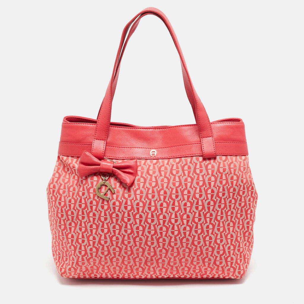 luxury-women-aigner-used-handbags-p1146128-012 Aigner Rose Red Signature Canvas and Leather Bow Tote
