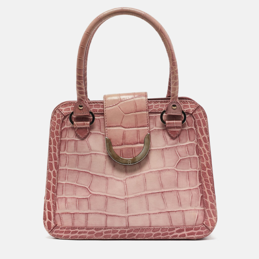 luxury-women-aigner-used-handbags-p1154242-012 Aigner Pink Croc Embossed Leather Frame Flap Satchel