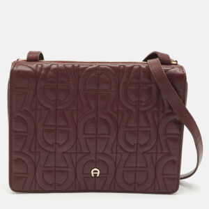 Aigner Burgundy Logo Embossed Leather Flap Crossbody Bag