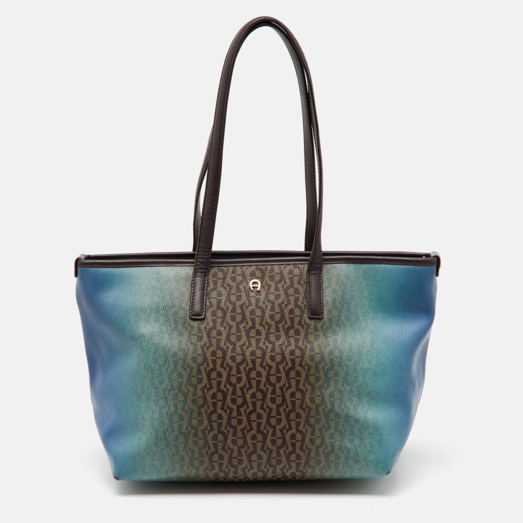 luxury-women-aigner-used-handbags-p1164520-015 Aigner Dark Brown/Blue Signature Coated Canvas and Leather Tote