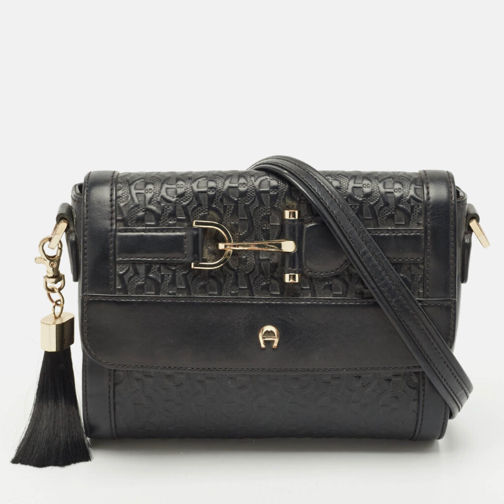 luxury-women-aigner-used-handbags-p1170307-012 Aigner Black Leather Logo Embossed Flap Crossbody Bag