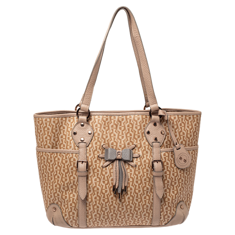 luxury-women-aigner-used-handbags-p361081-006 Aigner Beige/Pink Signature Coated Canvas and Leather Bow Tote