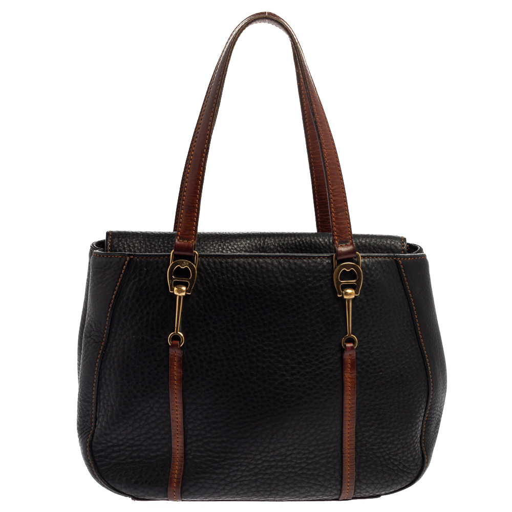 luxury-women-aigner-used-handbags-p367934-016 Aigner Black/Brown Grained Leather Logo Metal Handle Tote