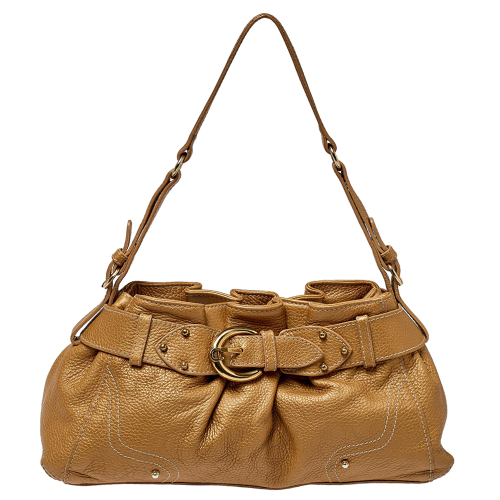 luxury-women-aigner-used-handbags-p406033-009 Aigner Metallic Beige Pleated Leather Satchel