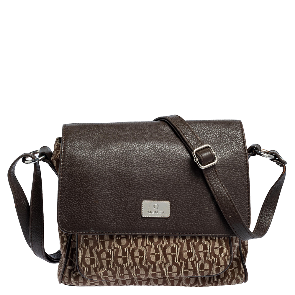 luxury-women-aigner-used-handbags-p440436-009 Aigner Beige/Brown Signature Canvas and Leather Flap Shoulder Bag
