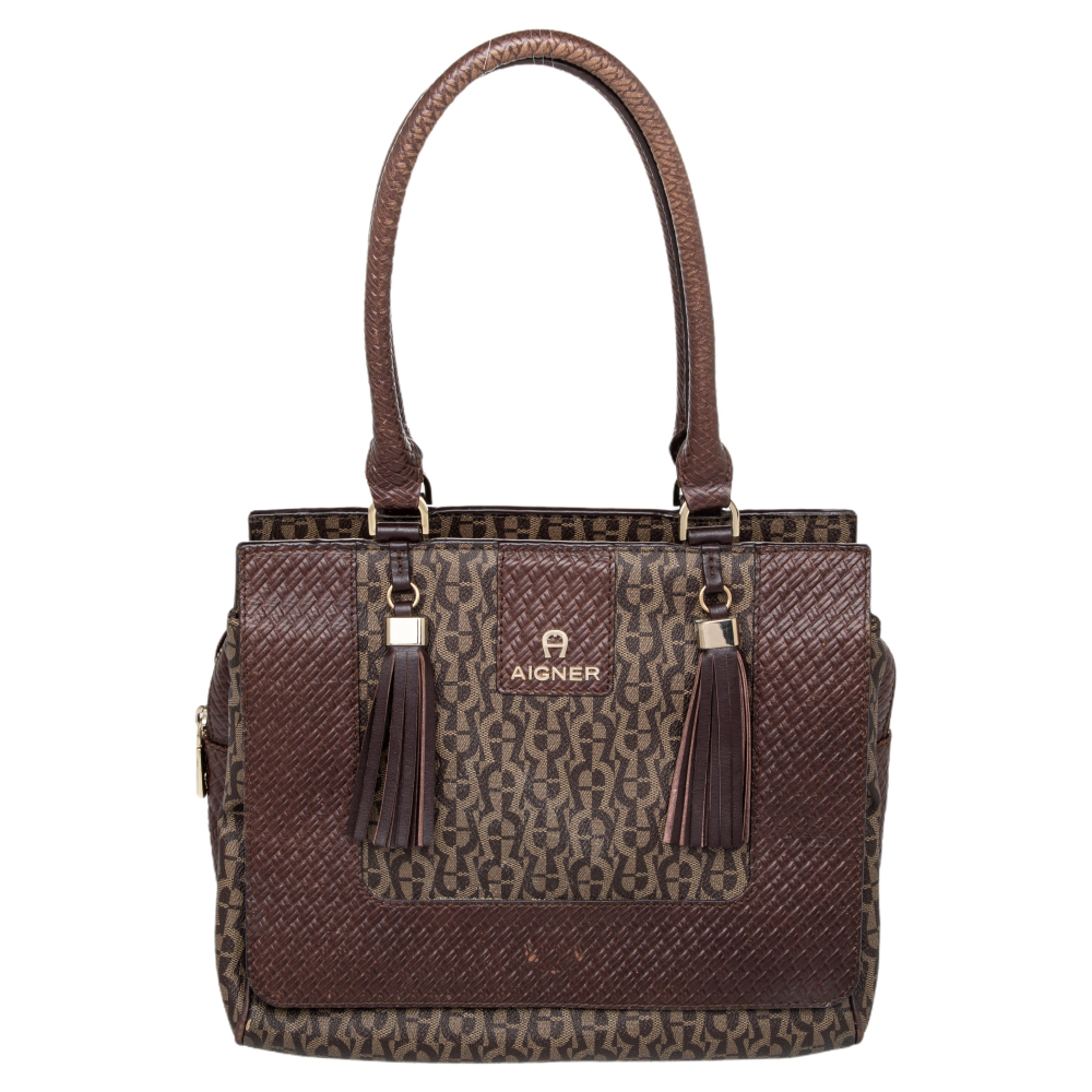 luxury-women-aigner-used-handbags-p469586-011 Aigner Brown Signature Canvas And Leather Tassel Satchel