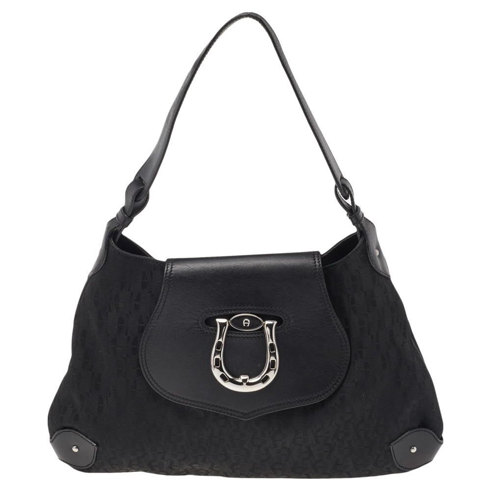 luxury-women-aigner-used-handbags-p519388-007-2 Aigner Black Signature Canvas and Leather Hobo