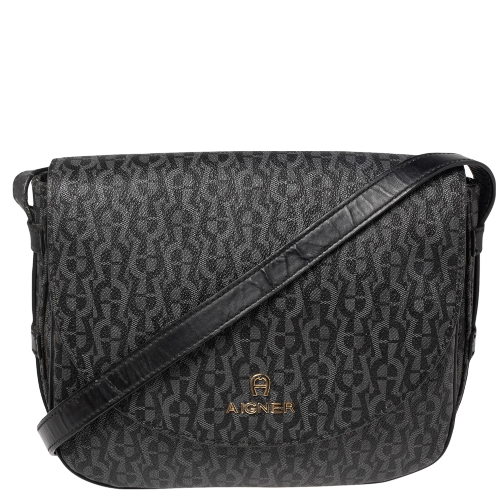luxury-women-aigner-used-handbags-p531652-006-2 Aigner Black Signature PVC and Leather Messenger Bag