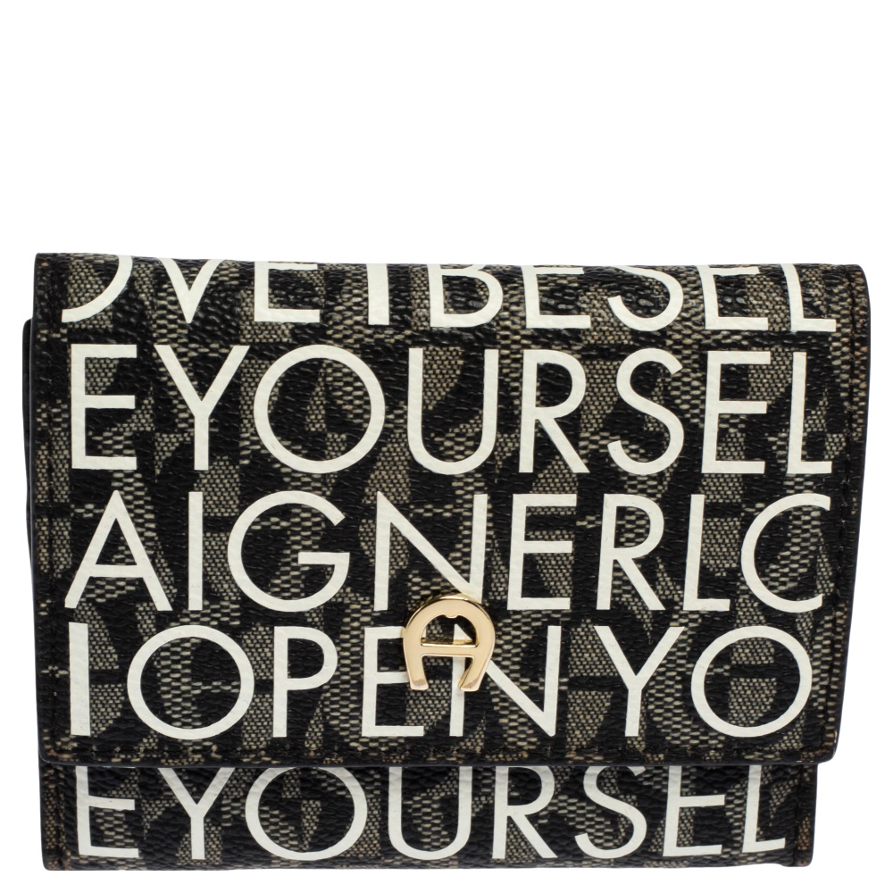 luxury-women-aigner-used-handbags-p532770-005-2 Aigner White/Black Signature Coated Canvas Compact Wallet