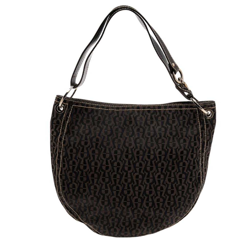 luxury-women-aigner-used-handbags-p561692-009-2 Aigner Brown Signature Nylon and Leather Small Hobo