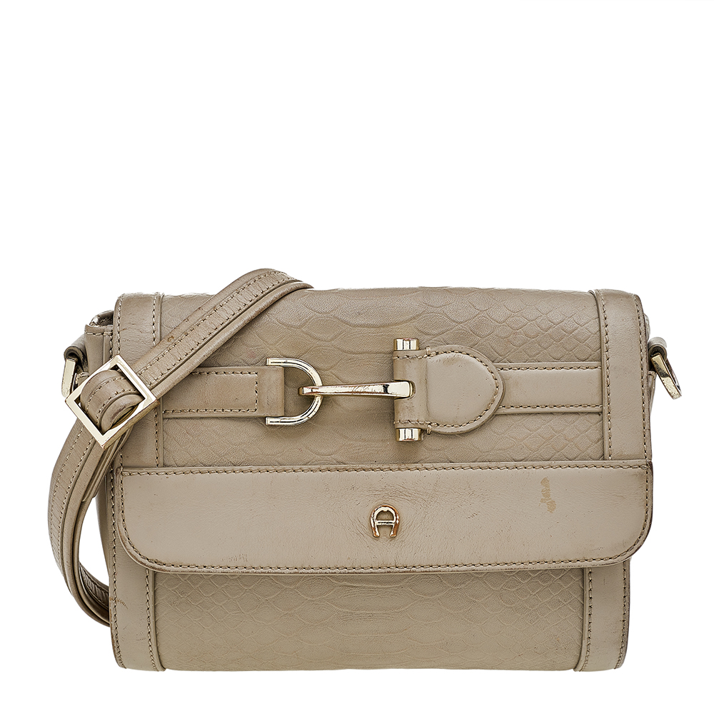 luxury-women-aigner-used-handbags-p587509-007-2 Aigner Dark Beige Python Embossed Leather Shoulder Bag