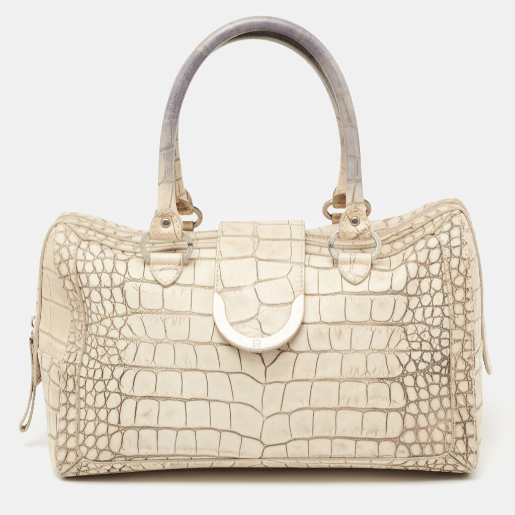 luxury-women-aigner-used-handbags-p630463-012-2 Aigner Vanilla/Black Croc Embossed Leather Flap Satchel