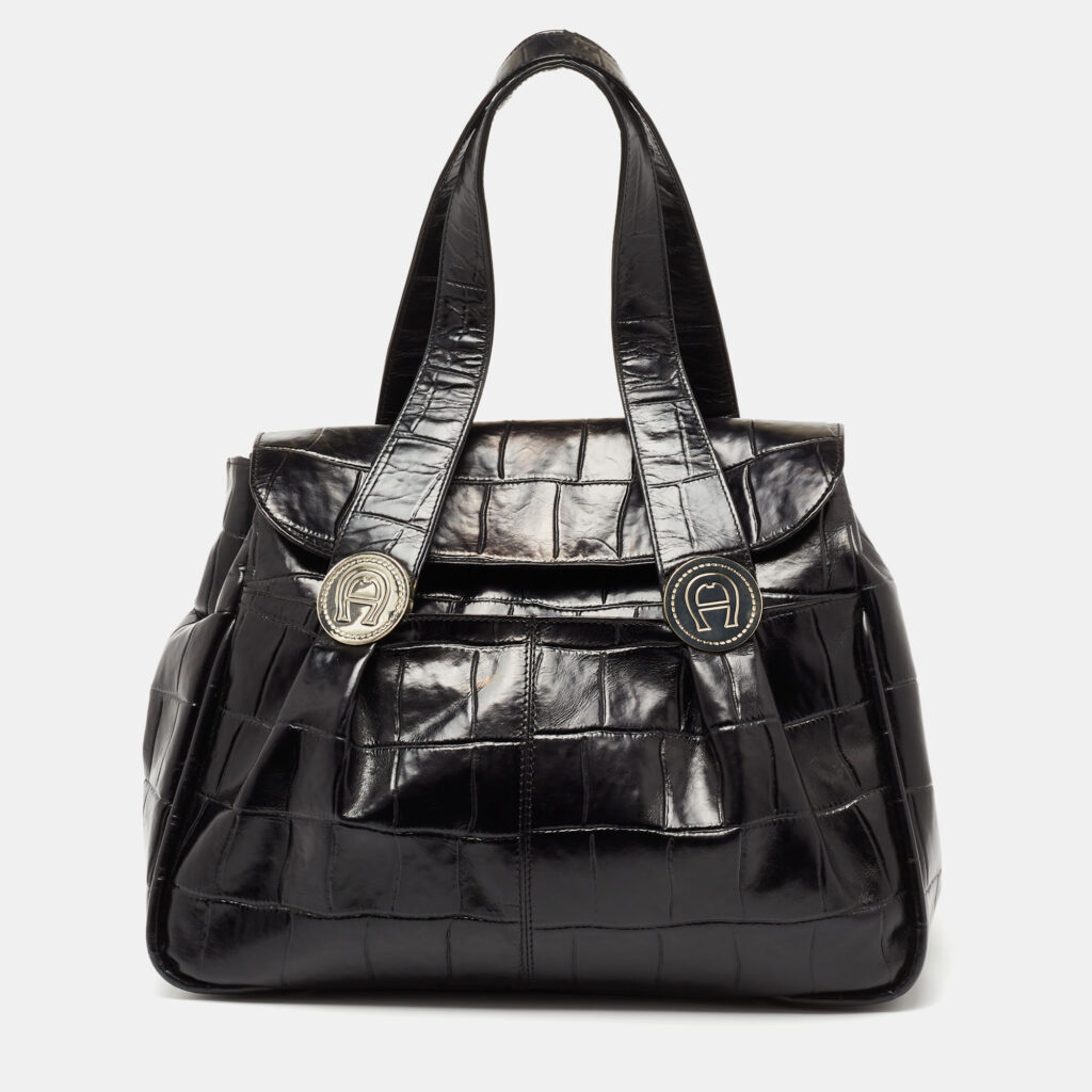 luxury-women-aigner-used-handbags-p645481-008-2 Aigner Black Croc Embossed Leather Satchel