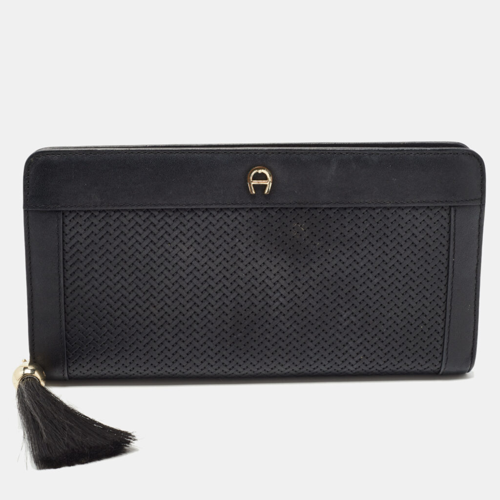 luxury-women-aigner-used-handbags-p787739-001 Aigner Black Woven Leather Cavallina Zip Around Continental Wallet